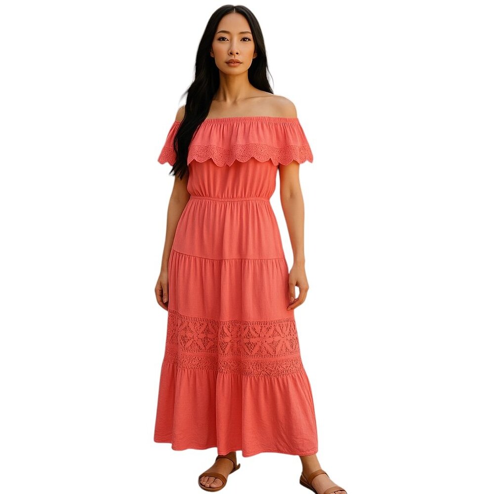Pink Lily Coral Maxi Dress-Sleeveless-Off the Shoulder-Size M-Crocheted Accent